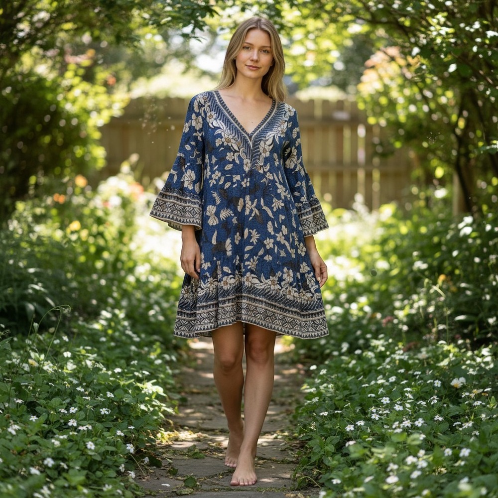 Wayward Fancies eShakti Blue Floral Batik Sheer V-Neck Bell Sleeve Mini Dress